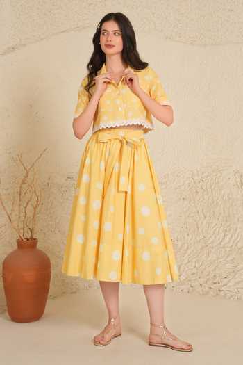 Shop_Moh India_Yellow Cotton, Poplin Collared Marigold Polka Dot Skirt Set _Online_at_Aza_Fashions
