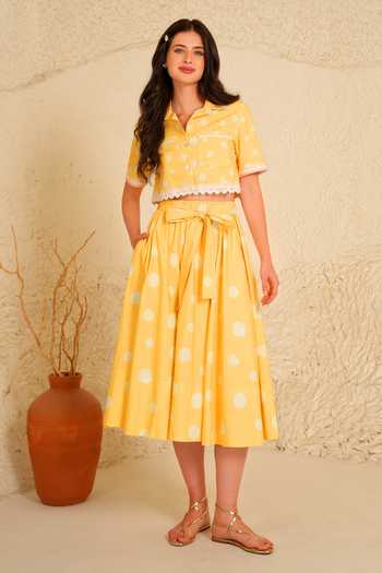 Buy_Moh India_Yellow Cotton, Poplin Collared Marigold Polka Dot Skirt Set _at_Aza_Fashions