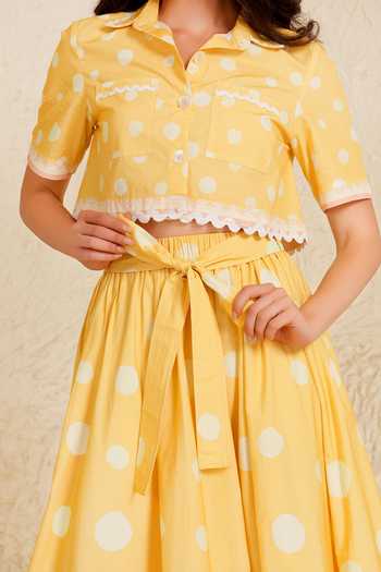Moh India_Yellow Cotton, Poplin Collared Marigold Polka Dot Skirt Set _at_Aza_Fashions