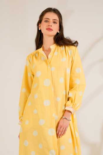 Moh India_White Cotton, Poplin Mandarin Collar Marigold Polka Dot Shirt Dress _Online_at_Aza_Fashions