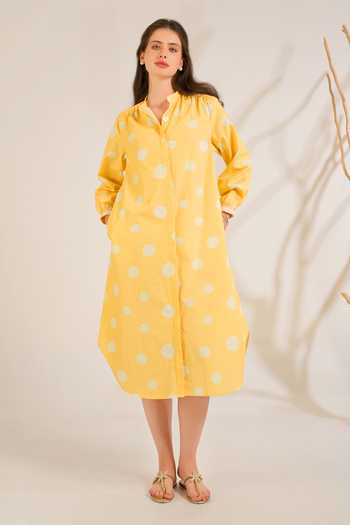 Shop_Moh India_White Cotton, Poplin Mandarin Collar Marigold Polka Dot Shirt Dress _at_Aza_Fashions