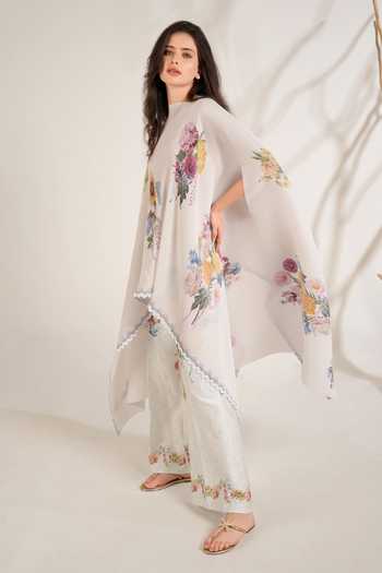 Moh India_White Satin Boat Neck Summer Love Pleated Cape _Online_at_Aza_Fashions