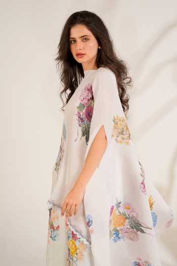 Moh India_White Satin Boat Neck Summer Love Pleated Cape _at_Aza_Fashions