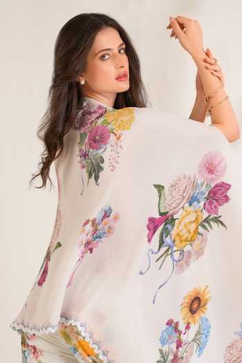 Shop_Moh India_White Satin Boat Neck Summer Love Pleated Cape 