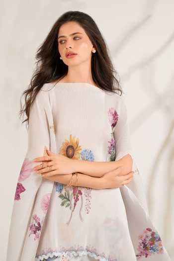 Moh India_White Satin Boat Neck Summer Love Pleated Cape _Online