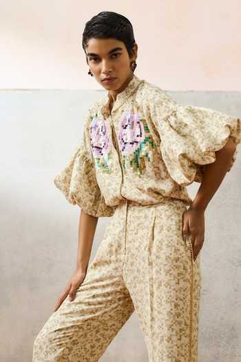 Buy_Pooja Rajgarhia Gupta_Beige Georgette Mandarin Collar Puff Sleeve Floral Pattern Top _at_Aza_Fashions