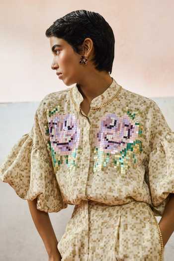 Pooja Rajgarhia Gupta_Beige Georgette Mandarin Collar Puff Sleeve Floral Pattern Top _Online_at_Aza_Fashions