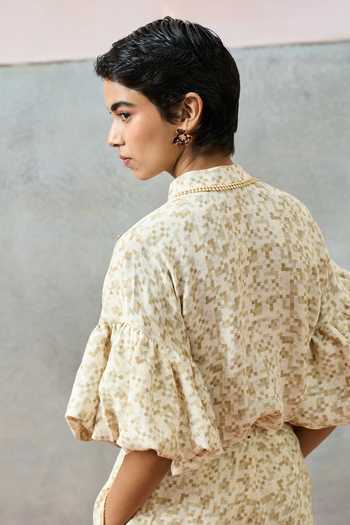 Buy_Pooja Rajgarhia Gupta_Beige Georgette Mandarin Collar Puff Sleeve Floral Pattern Top _Online_at_Aza_Fashions