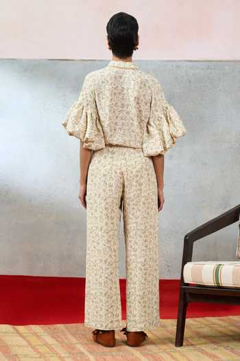 Shop_Pooja Rajgarhia Gupta_Beige Georgette Mandarin Collar Puff Sleeve Floral Pattern Top _at_Aza_Fashions