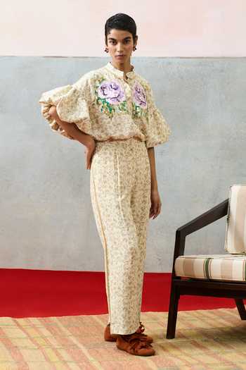 Shop_Pooja Rajgarhia Gupta_Beige Georgette Mandarin Collar Puff Sleeve Floral Pattern Top _Online_at_Aza_Fashions