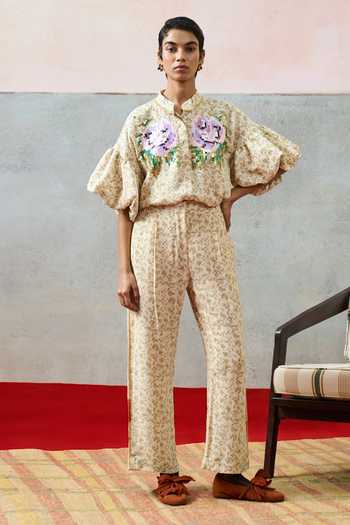 Pooja Rajgarhia Gupta_Beige Georgette Mandarin Collar Puff Sleeve Floral Pattern Top _at_Aza_Fashions