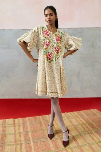 Shop_Pooja Rajgarhia Gupta_Beige Georgette Split V-neck Sicily Embroidered Double Dress _Online_at_Aza_Fashions