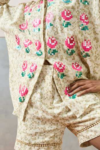 Buy_Pooja Rajgarhia Gupta_Beige Georgette Elba Lace Trim Shorts _Online_at_Aza_Fashions