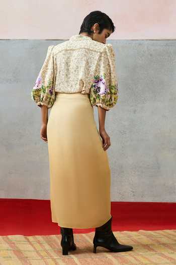 Shop_Pooja Rajgarhia Gupta_Beige Georgette Collared Puff Sleeve Floral Pattern Top _at_Aza_Fashions