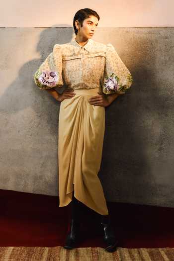 Buy_Pooja Rajgarhia Gupta_Beige Georgette Collared Puff Sleeve Floral Pattern Top _Online_at_Aza_Fashions