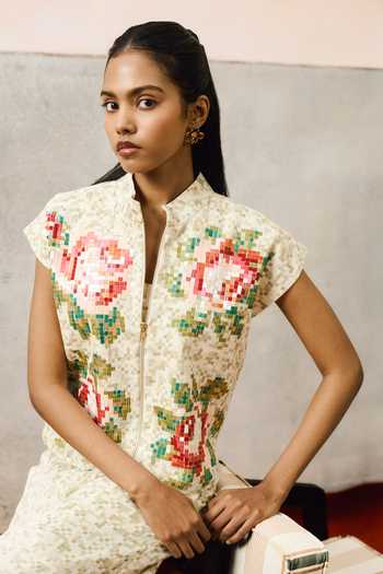 Buy_Pooja Rajgarhia Gupta_Beige Georgette Mandarin Collar Corsica Floral Pattern Top _at_Aza_Fashions