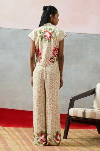 Shop_Pooja Rajgarhia Gupta_Beige Georgette Mandarin Collar Corsica Floral Pattern Top _at_Aza_Fashions