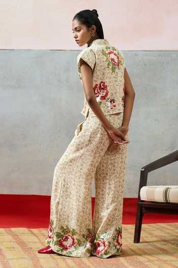 Shop_Pooja Rajgarhia Gupta_Beige Georgette Mandarin Collar Corsica Floral Pattern Top _Online_at_Aza_Fashions