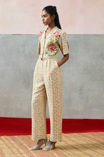 Pooja Rajgarhia Gupta_Beige Milos Pixel Floral Double Georgette Jumpsuit _Online_at_Aza_Fashions