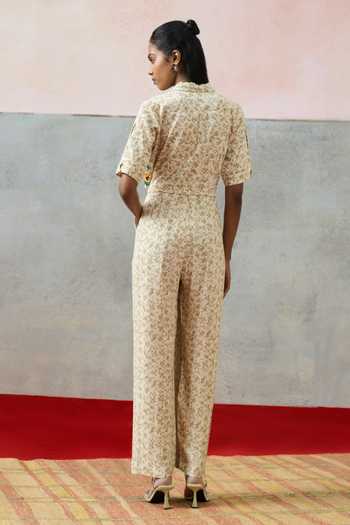 Shop_Pooja Rajgarhia Gupta_Beige Milos Pixel Floral Double Georgette Jumpsuit _at_Aza_Fashions