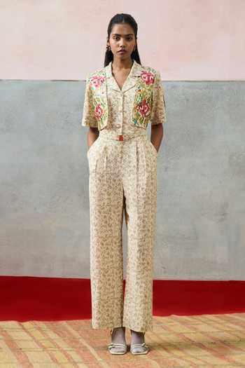 Buy_Pooja Rajgarhia Gupta_Beige Milos Pixel Floral Double Georgette Jumpsuit _at_Aza_Fashions