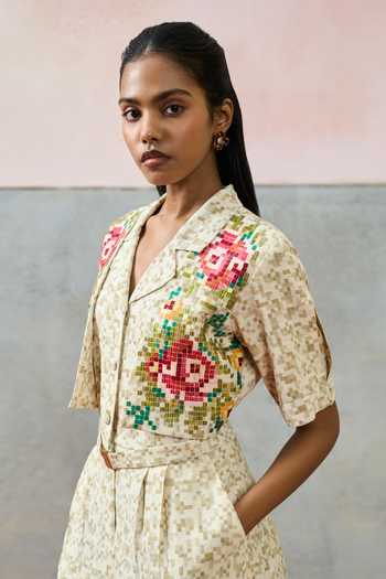 Shop_Pooja Rajgarhia Gupta_Beige Milos Pixel Floral Double Georgette Jumpsuit _Online_at_Aza_Fashions