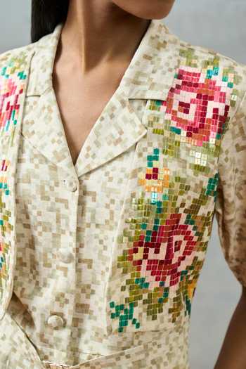 Pooja Rajgarhia Gupta_Beige Milos Pixel Floral Double Georgette Jumpsuit _at_Aza_Fashions