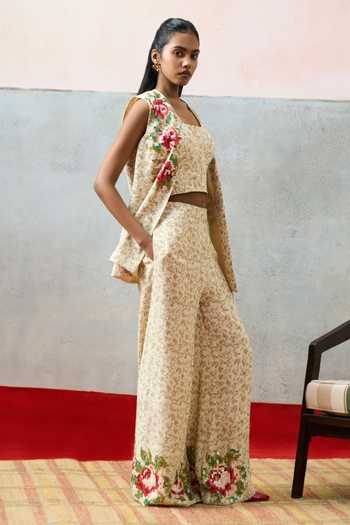 Pooja Rajgarhia Gupta_Beige Georgette Open Neck Milos Double Jacket And Pant Set _Online_at_Aza_Fashions