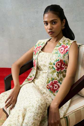 Shop_Pooja Rajgarhia Gupta_Beige Georgette Open Neck Milos Double Jacket And Pant Set _Online_at_Aza_Fashions