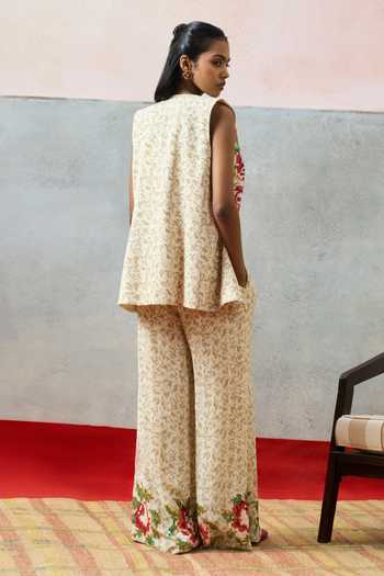 Shop_Pooja Rajgarhia Gupta_Beige Georgette Open Neck Milos Double Jacket And Pant Set _at_Aza_Fashions