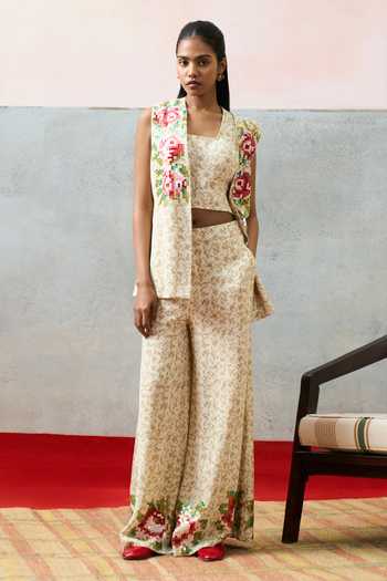 Buy_Pooja Rajgarhia Gupta_Beige Georgette Open Neck Milos Double Jacket And Pant Set _at_Aza_Fashions