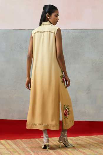Shop_Pooja Rajgarhia Gupta_Beige Georgette Collared Ponza Pixelated Dress _at_Aza_Fashions