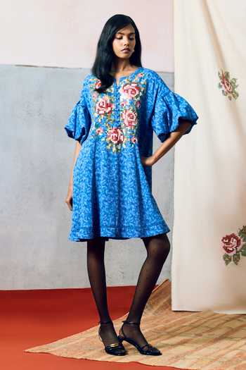 Buy_Pooja Rajgarhia Gupta_Blue Georgette Round Neck Sicily Double Dress _at_Aza_Fashions