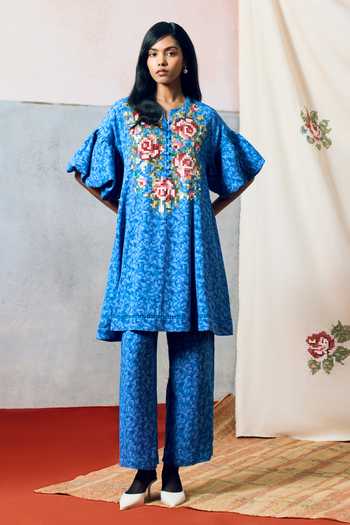 Buy_Pooja Rajgarhia Gupta_Blue Georgette Round Neck Sicily Double Dress _Online_at_Aza_Fashions