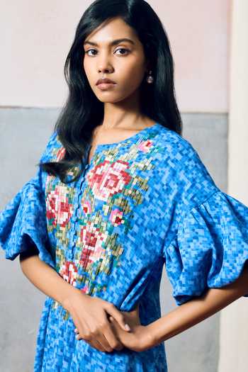 Shop_Pooja Rajgarhia Gupta_Blue Georgette Round Neck Sicily Double Dress _Online_at_Aza_Fashions