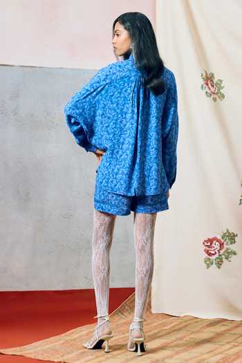 Shop_Pooja Rajgarhia Gupta_Blue Georgette Collared Elba Floral Pattern Top _at_Aza_Fashions