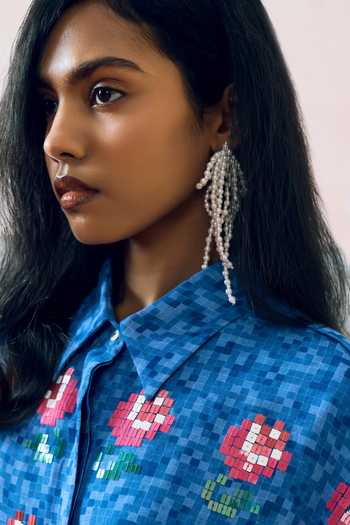 Shop_Pooja Rajgarhia Gupta_Blue Georgette Collared Elba Floral Pattern Top _Online_at_Aza_Fashions