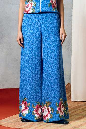 Pooja Rajgarhia Gupta_Blue Georgette Corsica Pixel Floral Pant _Online_at_Aza_Fashions