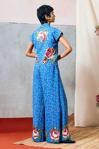 Shop_Pooja Rajgarhia Gupta_Blue Georgette Corsica Pixel Floral Pant _at_Aza_Fashions