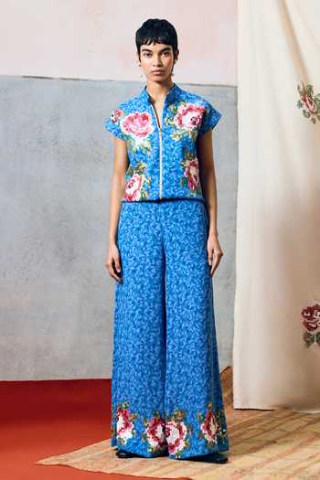 Pooja Rajgarhia Gupta_Blue Georgette Corsica Pixel Floral Pant _at_Aza_Fashions