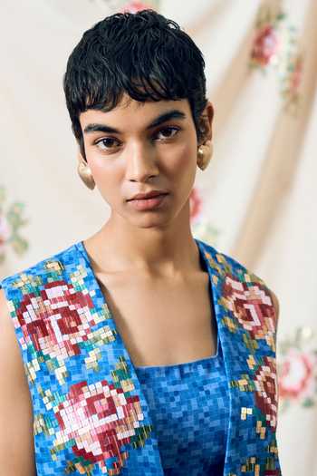 Pooja Rajgarhia Gupta_Blue Georgette Square Neck Milos Floral Pattern Jacket Pant Set _Online_at_Aza_Fashions