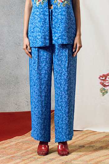 Shop_Pooja Rajgarhia Gupta_Blue Georgette Square Neck Milos Floral Pattern Jacket Pant Set _Online_at_Aza_Fashions
