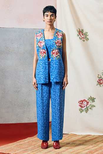 Shop_Pooja Rajgarhia Gupta_Blue Georgette Square Neck Milos Floral Pattern Jacket Pant Set _at_Aza_Fashions