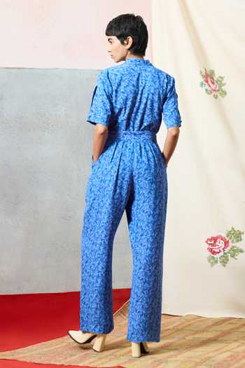 Shop_Pooja Rajgarhia Gupta_Blue Milos Double Georgette Jumpsuit _at_Aza_Fashions