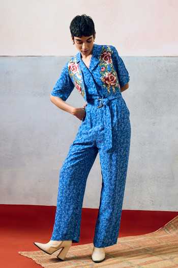 Shop_Pooja Rajgarhia Gupta_Blue Milos Double Georgette Jumpsuit _Online_at_Aza_Fashions