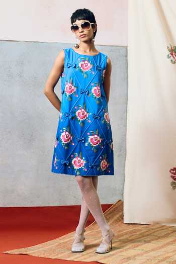 Buy_Pooja Rajgarhia Gupta_Blue Georgette Round Neck Sardinia Double Dress _at_Aza_Fashions