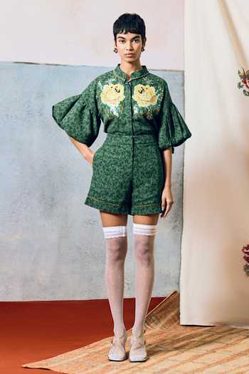 Buy_Pooja Rajgarhia Gupta_Green Georgette Elba Floral Embroidered Shorts _at_Aza_Fashions