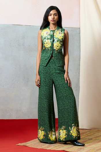 Buy_Pooja Rajgarhia Gupta_Green Georgette Mandarin Collar Corsica Floral Pattern Waistcoat And Pant Set _at_Aza_Fashions