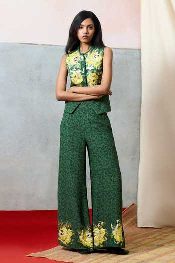 Shop_Pooja Rajgarhia Gupta_Green Georgette Mandarin Collar Corsica Floral Pattern Waistcoat And Pant Set _at_Aza_Fashions