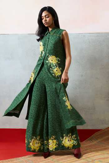 Shop_Pooja Rajgarhia Gupta_Green Georgette Collared Ponza Floral Pattern Tunic Set _Online_at_Aza_Fashions